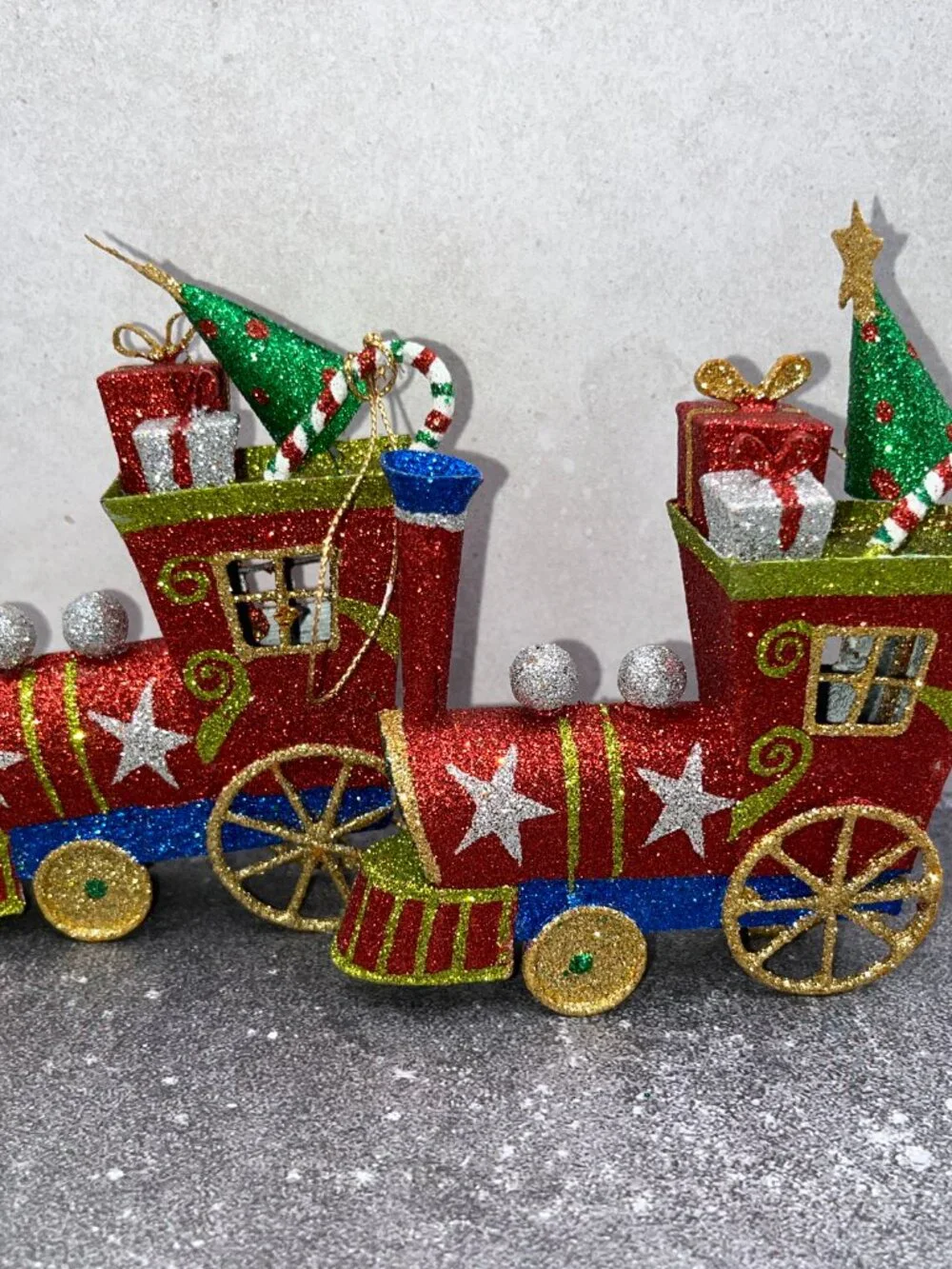 Vintage Pier One Pier 1 Metal Glitter Christmas Train Ornaments Red Green Blue